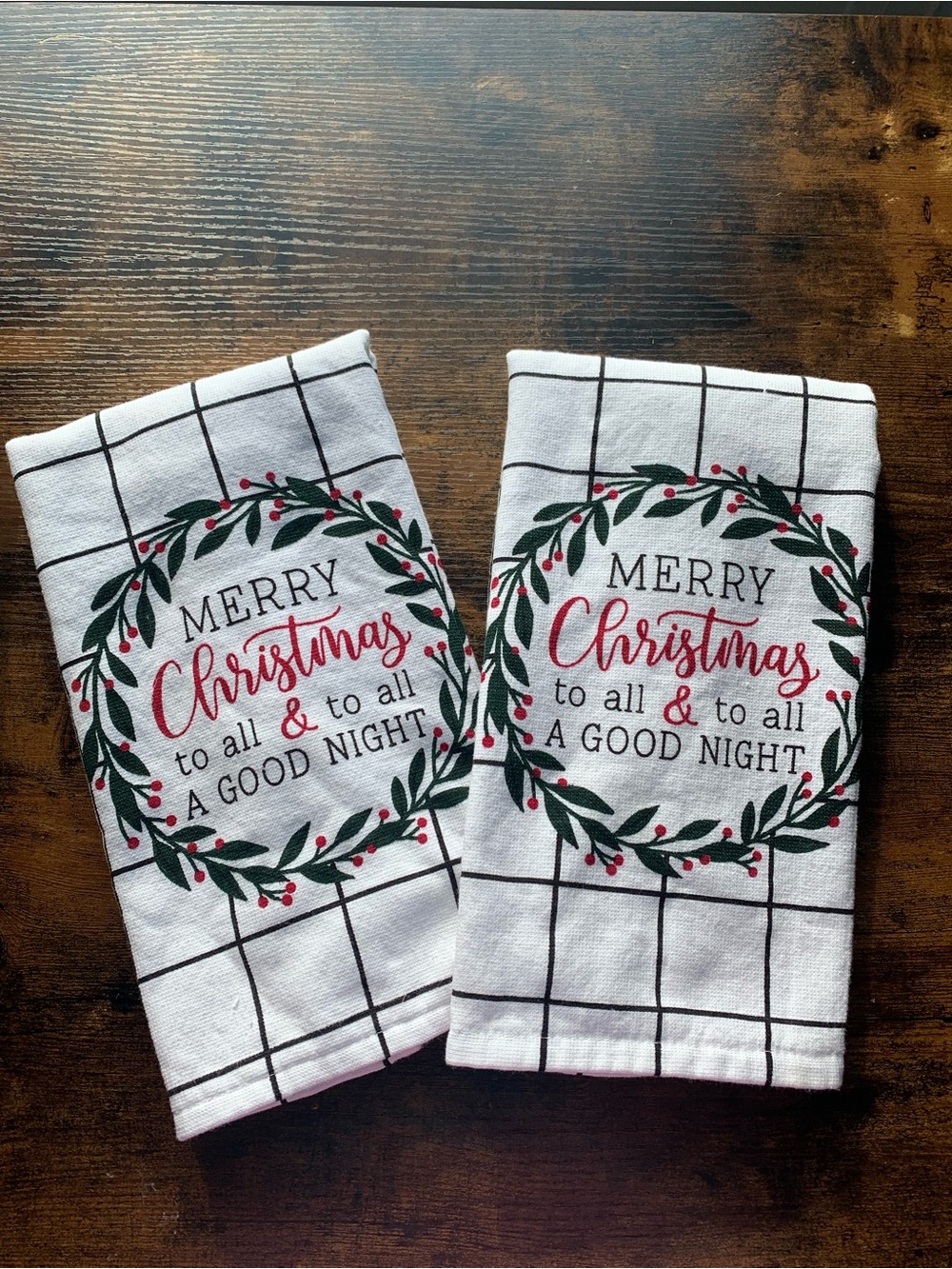 Hobby Lobby White Kitchen Towels with Green Wreath and Red Script - Set of 2